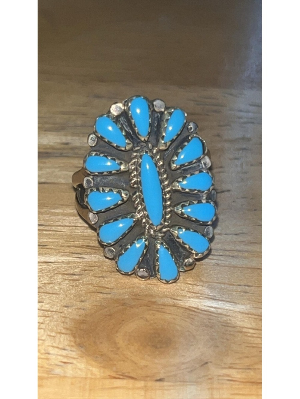 Zuni Native American handmade turquoise sterling silver cluster ring size 10